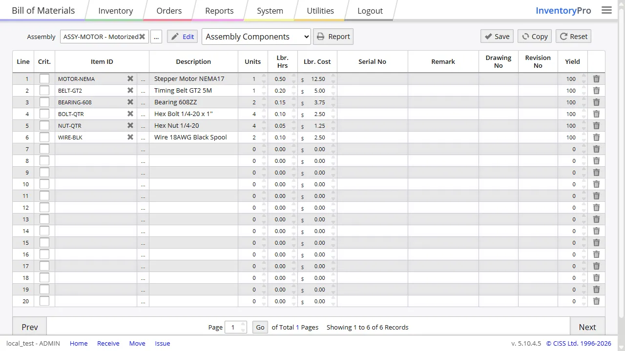 Inventory Pro bill of materials editor with components, quantities, and level structure for a manufactured item