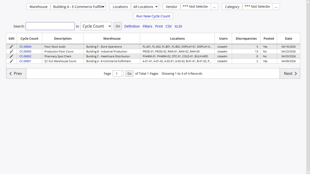 Cycle count list — runs by warehouse with discrepancy counts and posted status