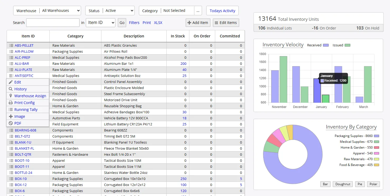 Inventory Pro inventory view — filters, stock columns, summary totals, velocity, and category charts