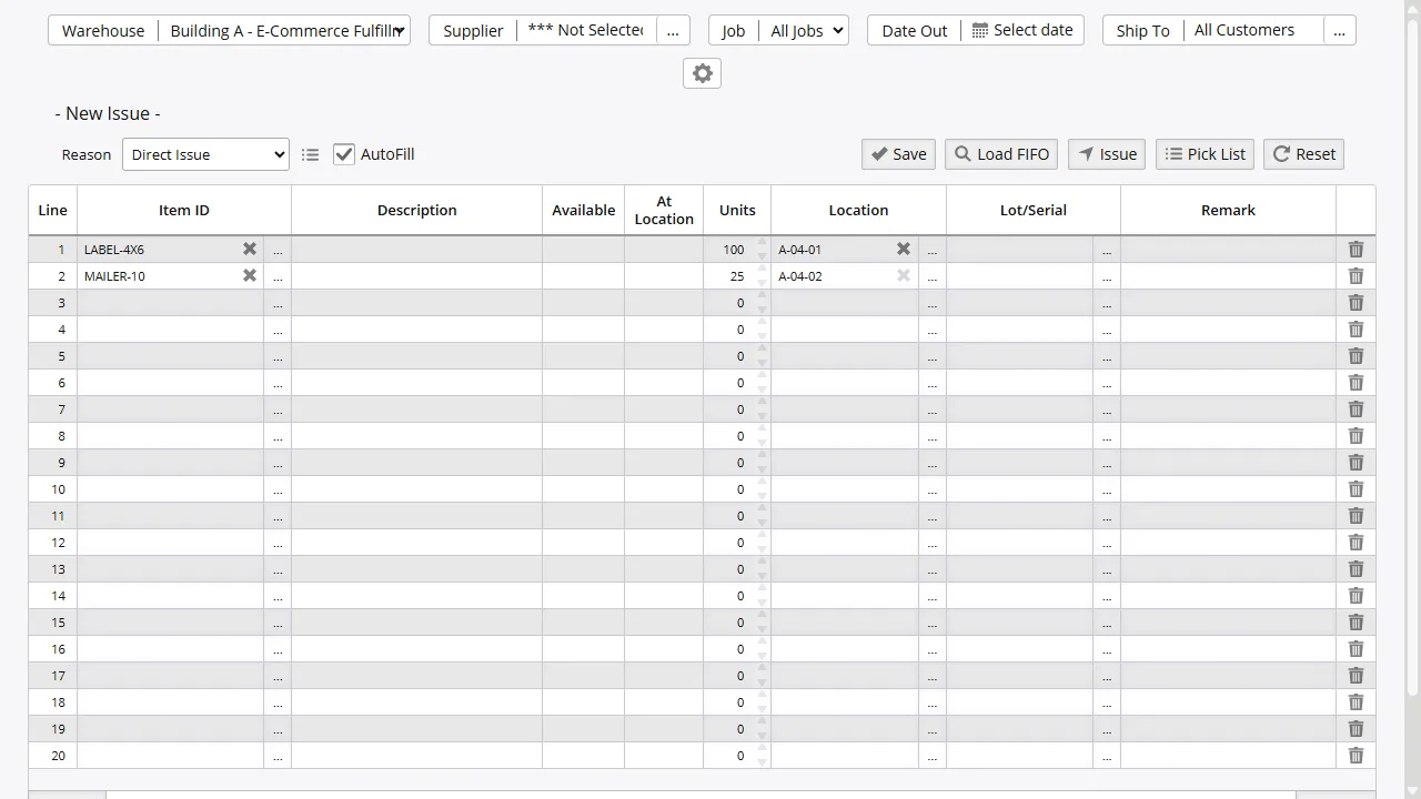 Shipping order fulfillment grid with pick status, allocated quantities, and order line details