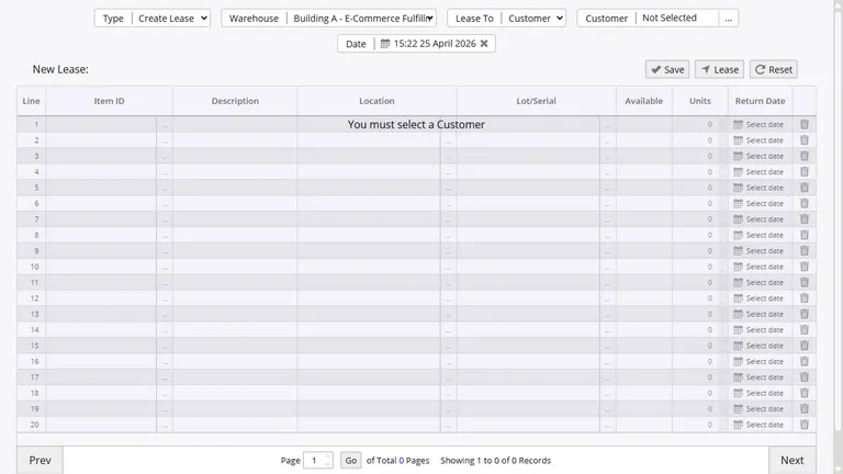 Inventory Pro lease checkout screen showing item selection, employee assignment, and warehouse fields