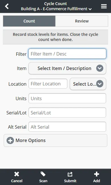 Mobile cycle count interface with barcode scanning and real-time variance calculations