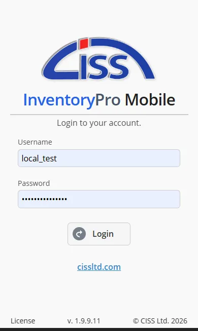 Mobile login screen with username, password, and warehouse selection fields