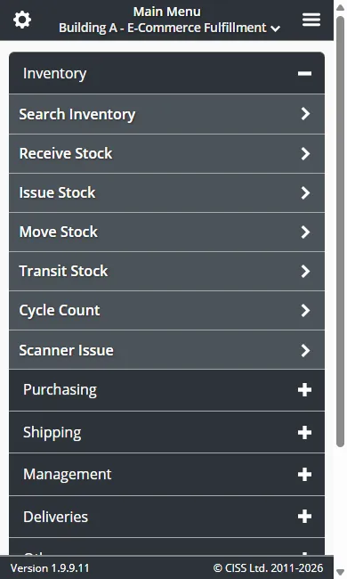 Mobile main menu showing Receive, Issue, Move, Cycle Count, and other inventory operations