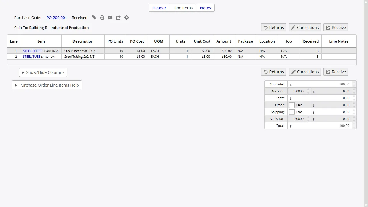 Purchase order entry screen with vendor, dates, and line items