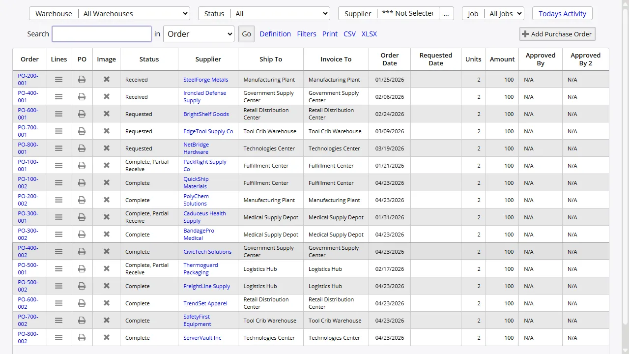 Purchase order list showing orders created from inbound EDI 850 documents with status tracking