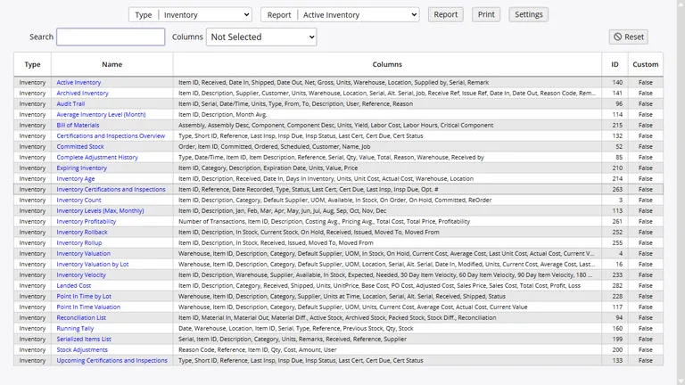 Report navigation library organized by category with search, sort, and filter controls