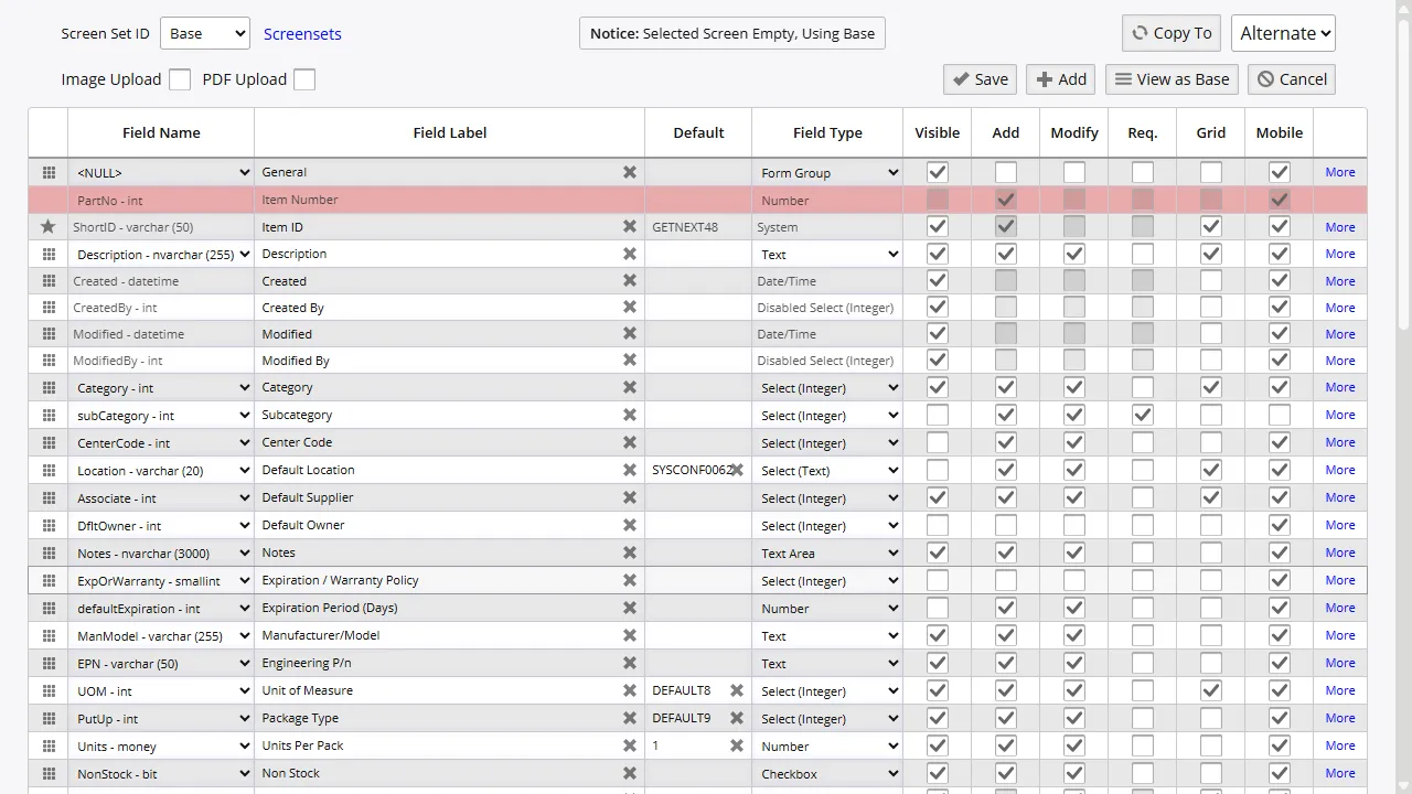 Inventory Pro screen format editor showing field visibility, required flags, and custom field configuration