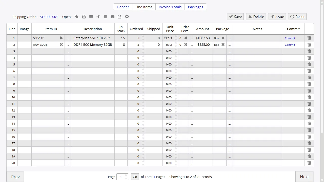 Shipping order pick list with line items, quantities, and fulfillment status ready for WorldShip export