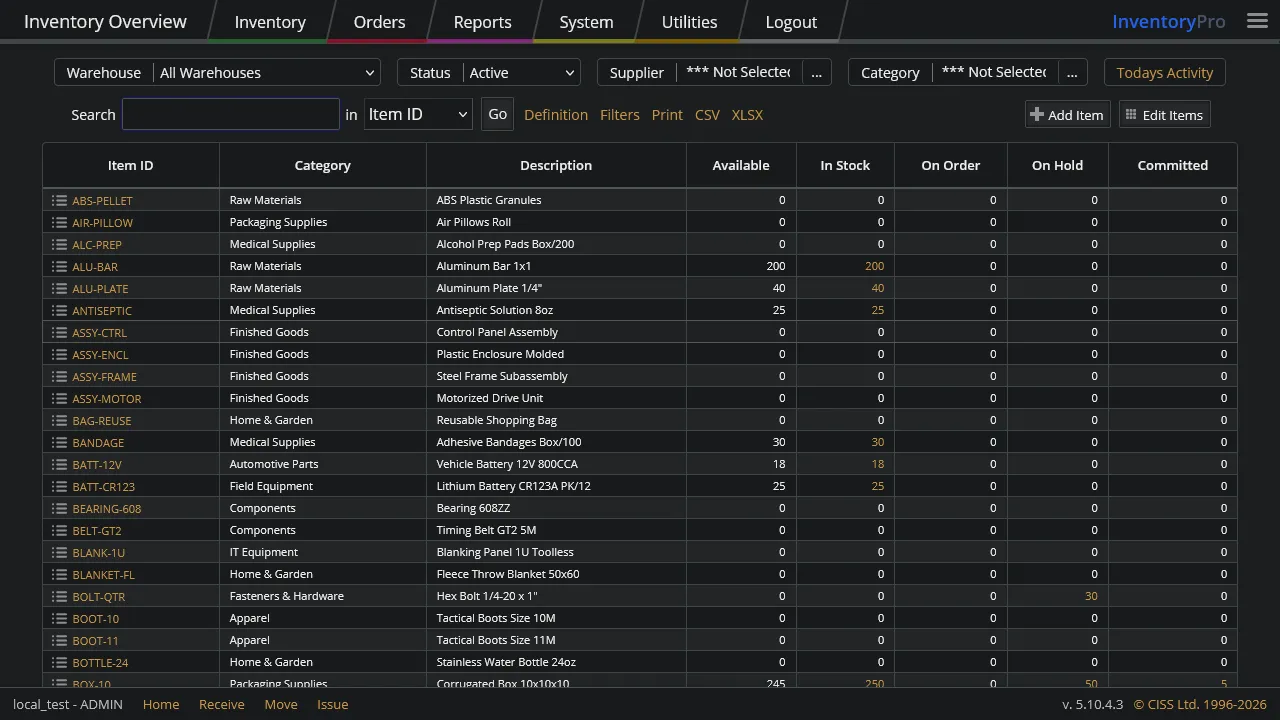 Inventory Pro dark theme showing inventory list with dark background and light text