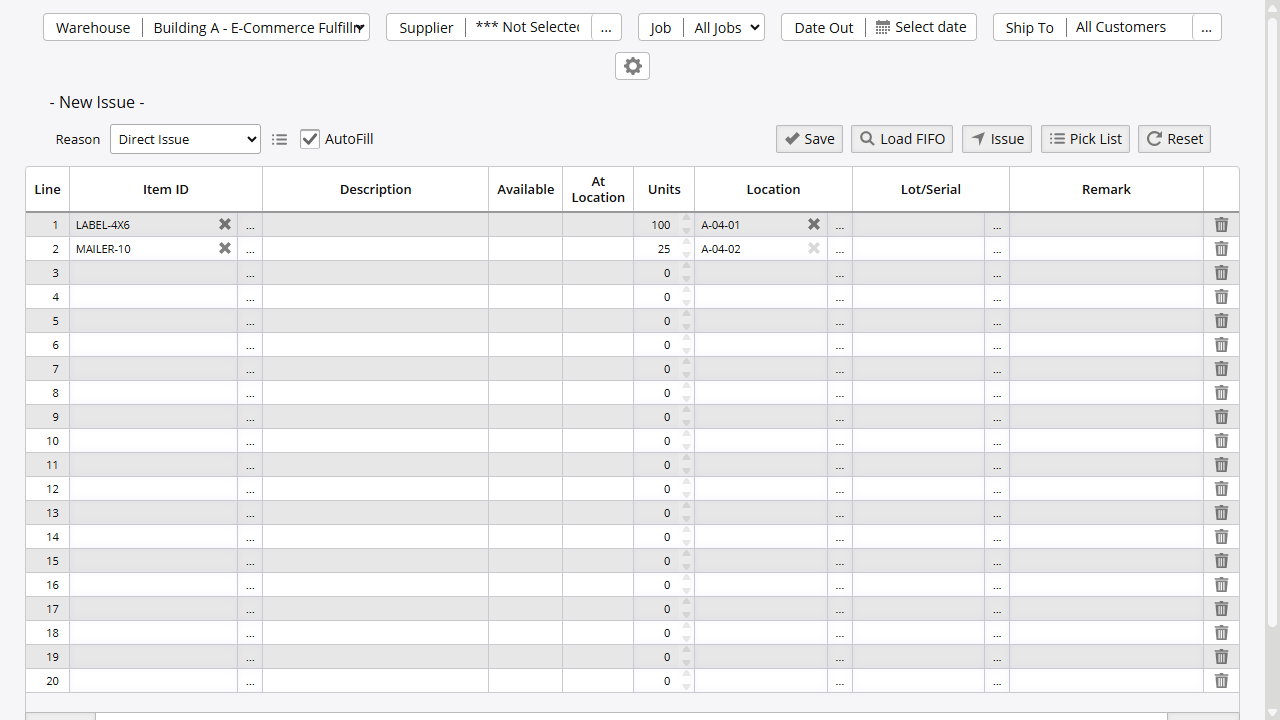 Issue screen showing the grid layout with warehouse selector, reason code, supplier filter, and action buttons