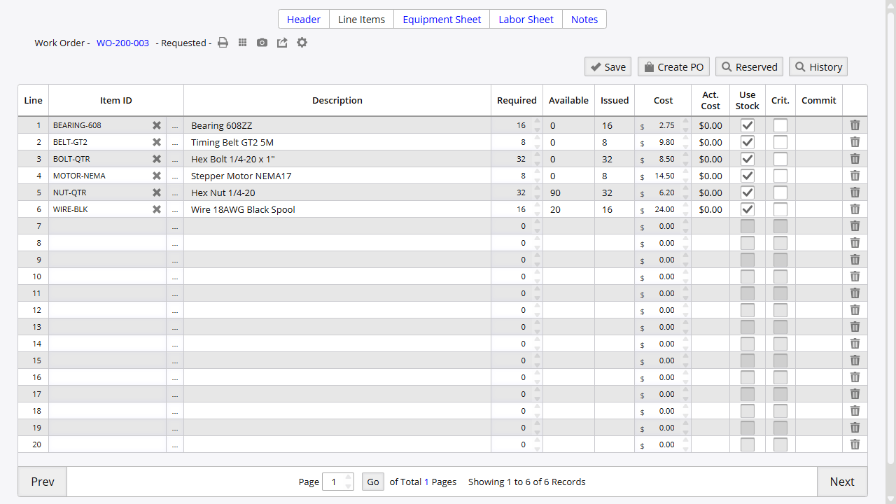 Work order line items showing seven components with required quantities, available stock, costs, and use-stock flags